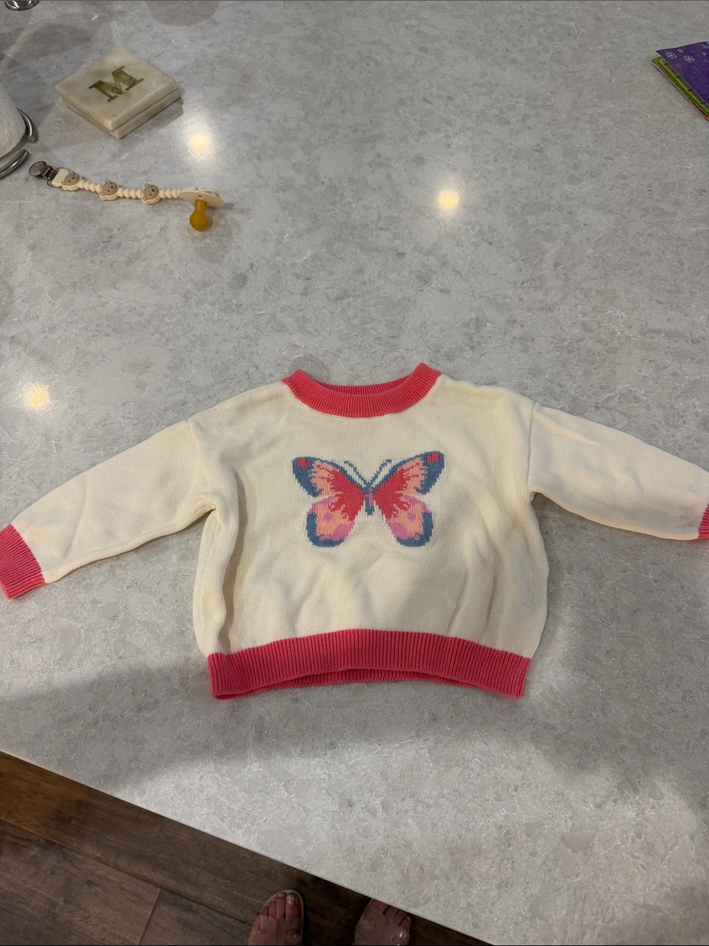 GAP Cream Sweater with Pink Trim and Butterfly Motif